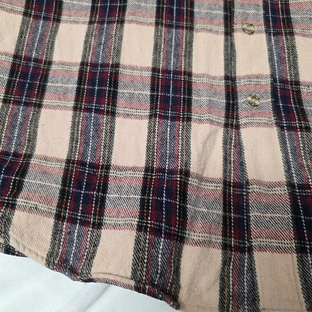 Big Mac Heavy‎ Flannel Shirt Mens Large Cream Burgundy Plaid Cotton Workwear GUC